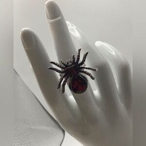 GUNMETAL RED RHINESTONES LARGE SPIDER ADJUSTABLE RINGS